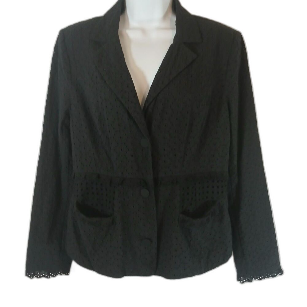 Cabi Women's Size 6 Black Eyelet Blazer Ruffles Pockets Feminine Career Casual